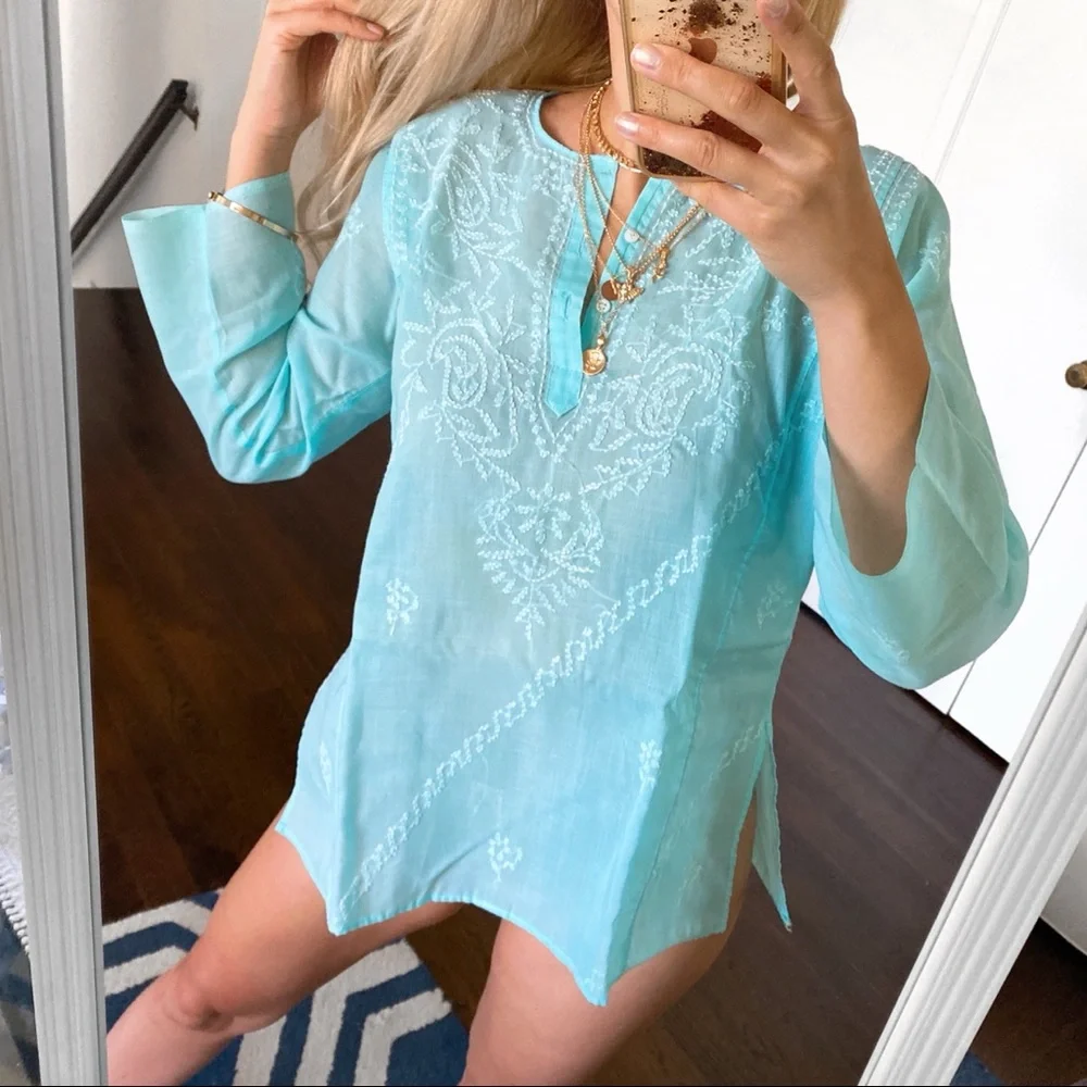 🐚 AQUA BLUE WHITE EMBROIDERED BEACH COVERUP! - Picture 2 of 13